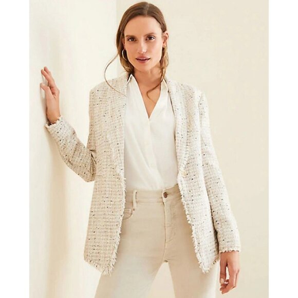 Ann Taylor Fringe Tweed Shawl Collar Jacket Womens Size 00P Cream Multi-Color - Picture 2 of 15